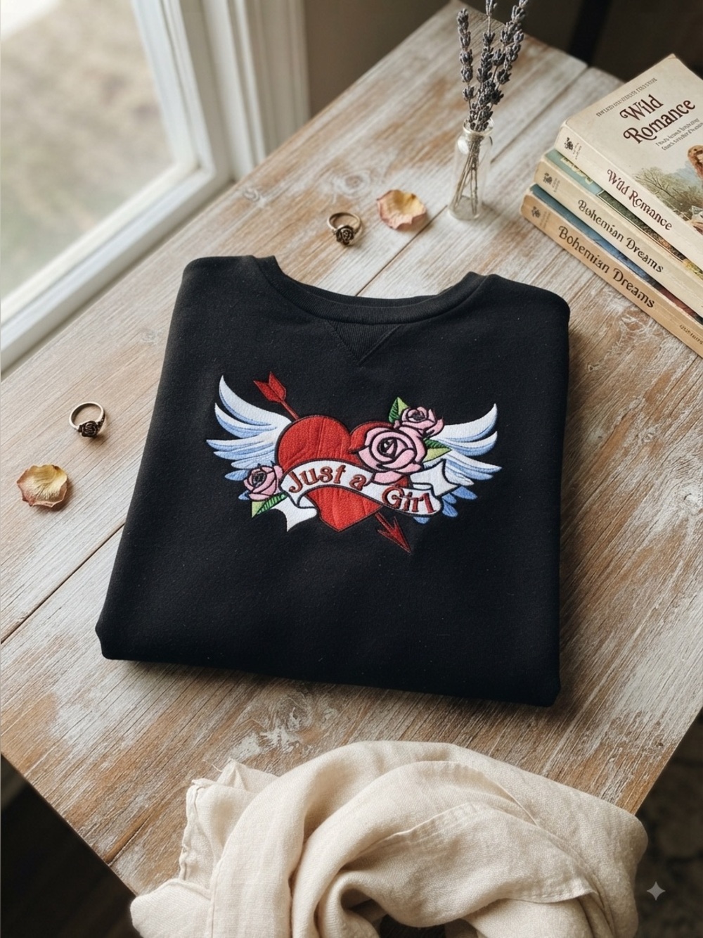 Just a Girl Black Cropped Sweatshirt with Heart & Rose Graphic